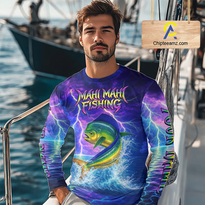 Custom Neon Pattern Mahi Mahi Fishing Shirts Long Sleeve, Fishing Shirt Jersey NHT534