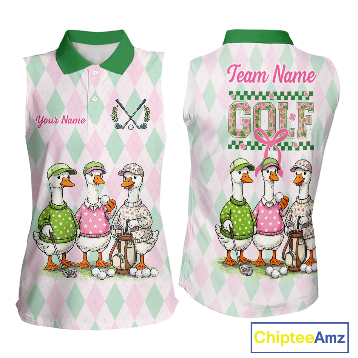The Duck Family Golf Team – Personalized Matching Argyle Pattern Womens Sleeveless Polos Golf Shirt NHT723