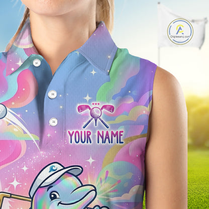 Funny Pastel Dolphin Womens Sleeveless Golf Polo Shirt Custom Ocean Golf Shirt, Polo Gift For Golf Lovers NHT897