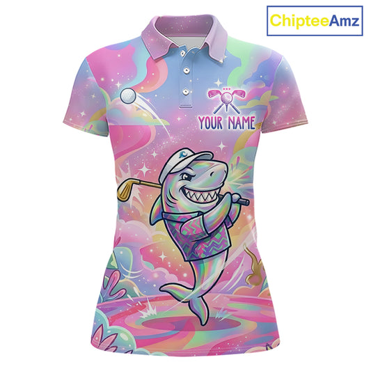 Funny Pastel Shark Womens Golf Polo Shirt Custom Ocean Golf Shirt, Polo Gift For Golf Lovers NHT898