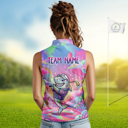 Funny Pastel Shark Womens Sleeveless Golf Polo Shirt Custom Ocean Golf Shirt, Polo Gift For Golf Lovers NHT898