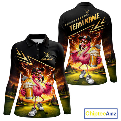 Funny Flamingo Womens Golf Polo Shirts Custom Golf And Beer Golf Apparel For Golfer NHT900