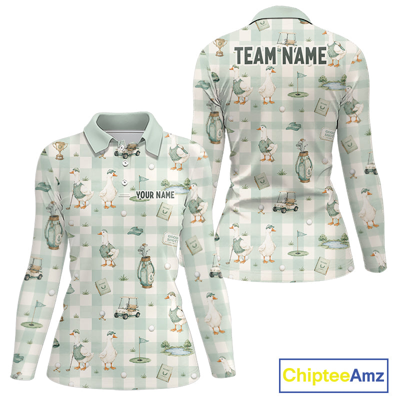 Personalized Goose Golf Polo Shirt Custom Name Team Shirt Green Plaid Womens Golf Lover Gift NHT1218