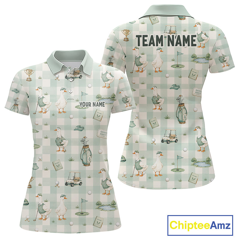 Personalized Goose Golf Polo Shirt Custom Name Team Shirt Green Plaid Womens Golf Lover Gift NHT1218