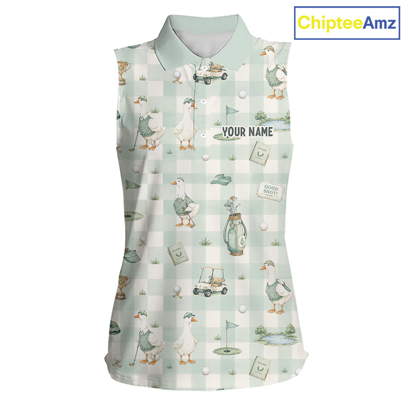 A sleeveless collared polo shirt with a golf-themed print featuring ducks, golf carts, flags, and a gingham pattern in pale green and white. The shirt includes a placeholder text 'YOUR NAME' on the chest and a 'ChipteeAmz' logo in the top right corner.