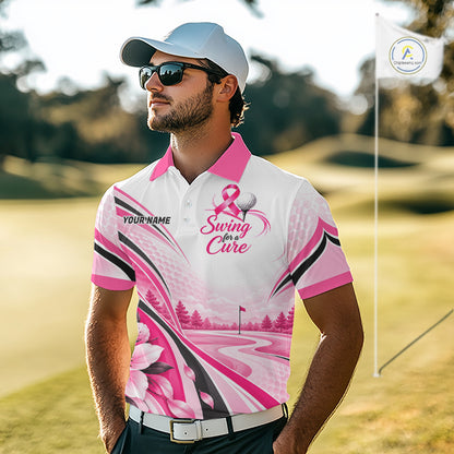 Breast Cancer Awareness Men Golf Polo Shirt Custom Pink Ribbon Team Jersey NHT1694