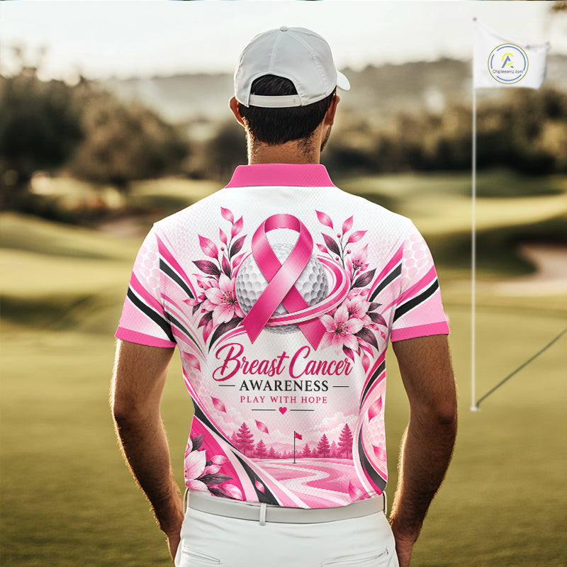 Breast Cancer Awareness Men Golf Polo Shirt Custom Pink Ribbon Team Jersey NHT1694