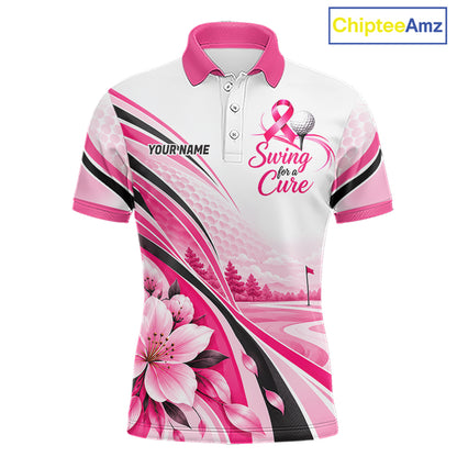 Breast Cancer Awareness Men Golf Polo Shirt Custom Pink Ribbon Team Jersey NHT1694