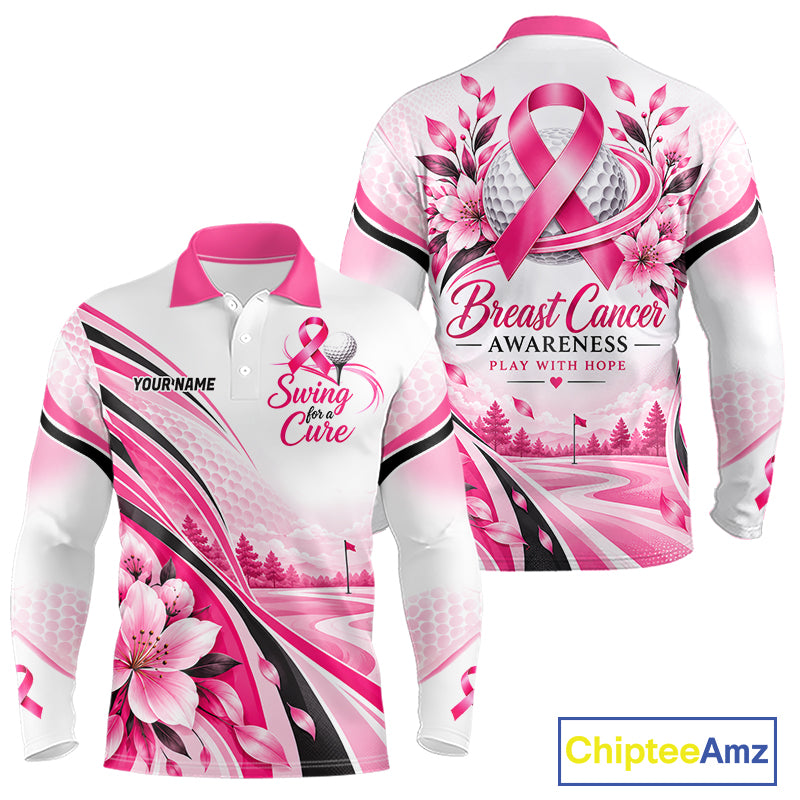 Breast Cancer Awareness Men Golf Polo Shirt Custom Pink Ribbon Team Jersey NHT1694
