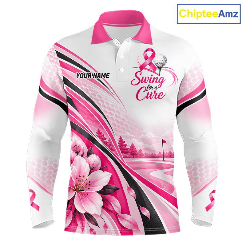 Breast Cancer Awareness Men Golf Polo Shirt Custom Pink Ribbon Team Jersey NHT1694