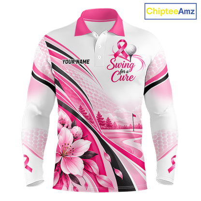 Breast Cancer Awareness Men Golf Polo Shirt Custom Pink Ribbon Team Jersey NHT1694