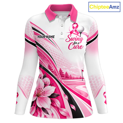 Breast Cancer Awareness Women Golf Polo Shirt Custom Pink Ribbon Team Jersey NHT1694