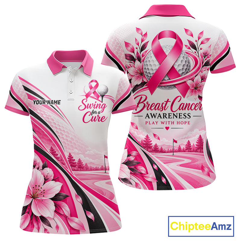 Breast Cancer Awareness Women Golf Polo Shirt Custom Pink Ribbon Team Jersey NHT1694