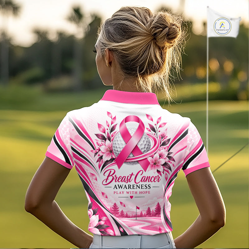 Breast Cancer Awareness Women Golf Polo Shirt Custom Pink Ribbon Team Jersey NHT1694