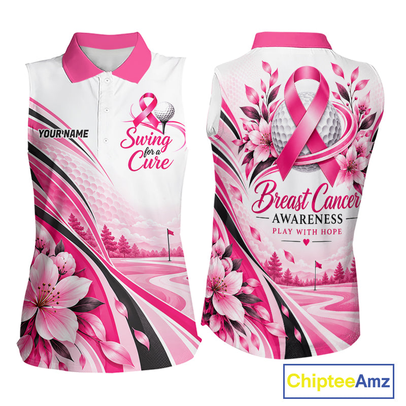 Breast Cancer Awareness Women Sleeveless Golf Polo Shirt Custom Pink Ribbon Team Jersey NHT1694