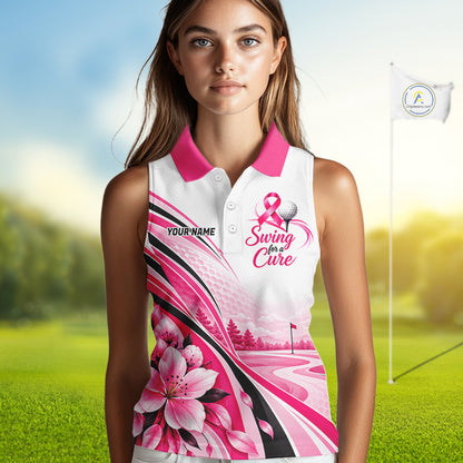 Breast Cancer Awareness Women Sleeveless Golf Polo Shirt Custom Pink Ribbon Team Jersey NHT1694