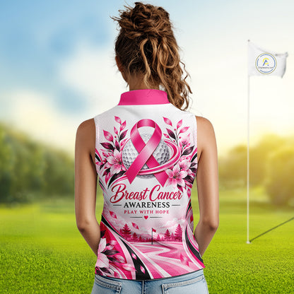 Breast Cancer Awareness Women Sleeveless Golf Polo Shirt Custom Pink Ribbon Team Jersey NHT1694
