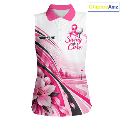 Breast Cancer Awareness Women Sleeveless Golf Polo Shirt Custom Pink Ribbon Team Jersey NHT1694