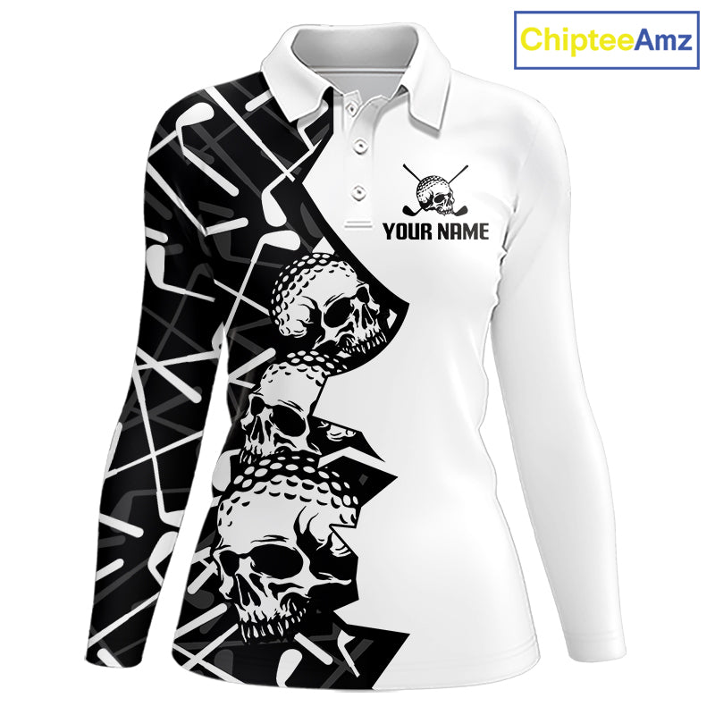 Custom Skull Womens Golf Polo Shirt Personalized Name, Golf Team Polo Jersey| Black 