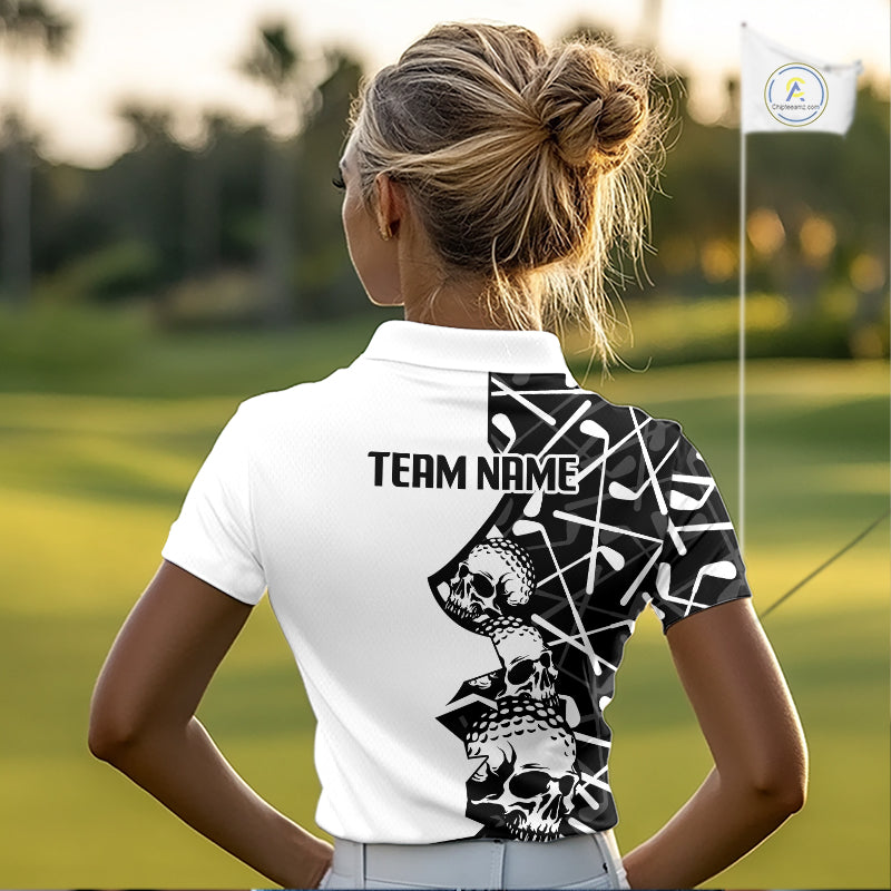Custom Skull Womens Golf Polo Shirt Personalized Name, Golf Team Polo Jersey| Black 