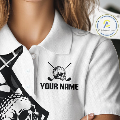 Custom Skull Womens Golf Polo Shirt Personalized Name, Golf Team Polo Jersey| Black 