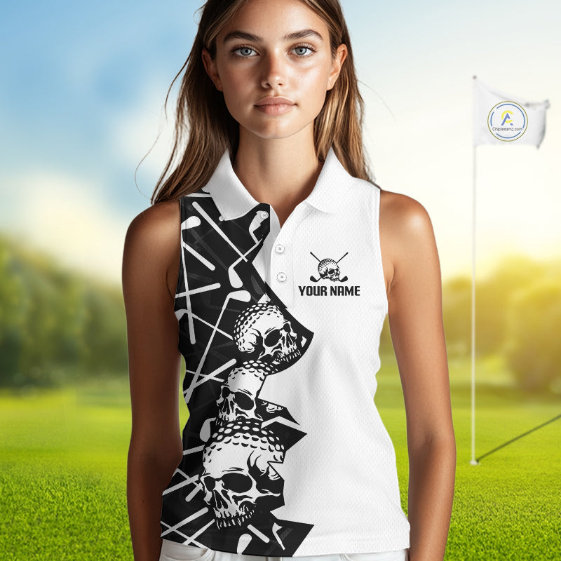 Custom Skull Womens Sleeveless Golf Polo Shirt Personalized Name, Golf Team Polo Jersey| Black 
