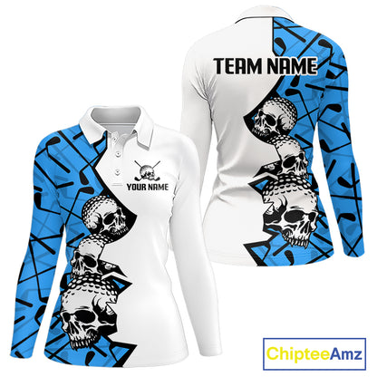 Custom Skull Womens Golf Polo Shirt Personalized Name, Golf Team Polo Jersey| Blue 