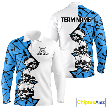 Custom Skull Mens Golf Polo Shirt Personalized Name, Golf Team Polo Jersey| Blue
