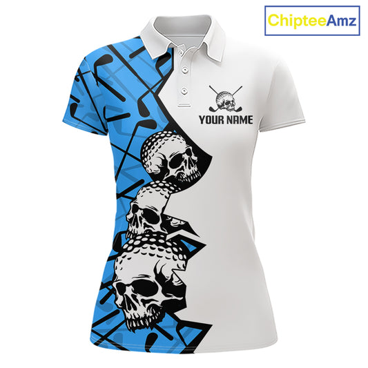 Custom Skull Womens Golf Polo Shirt Personalized Name, Golf Team Polo Jersey| Blue 