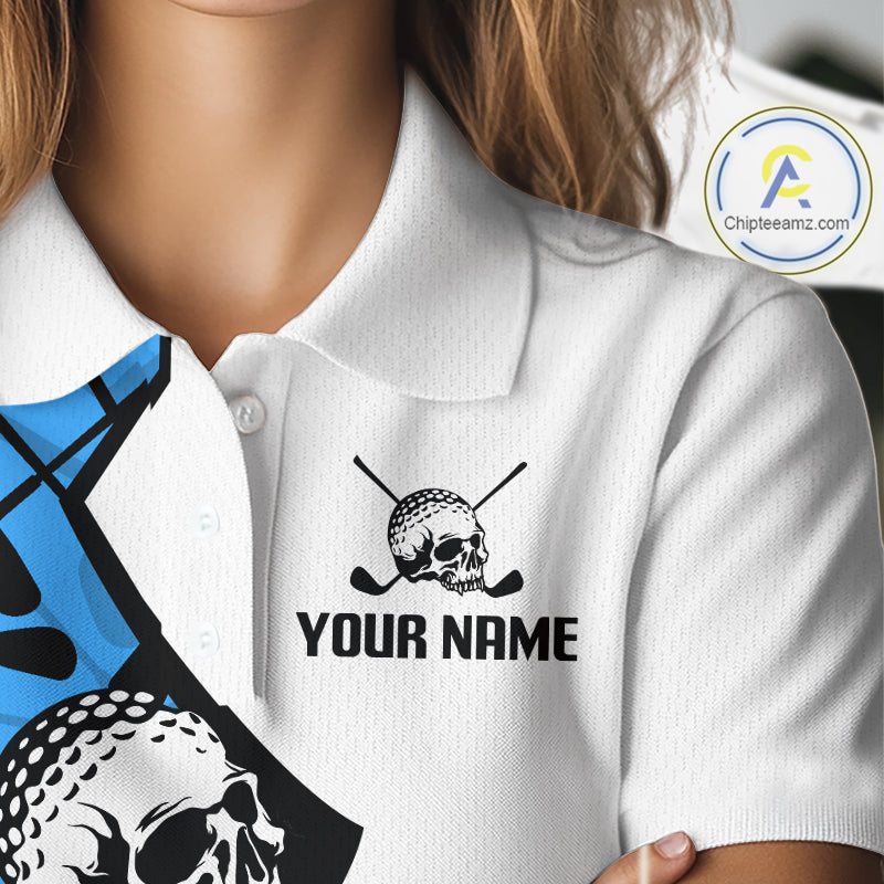 Custom Skull Womens Golf Polo Shirt Personalized Name, Golf Team Polo Jersey| Blue 