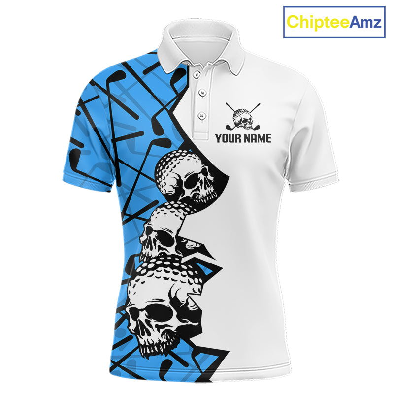 Custom Skull Mens Golf Polo Shirt Personalized Name, Golf Team Polo Jersey| Blue
