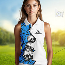Load image into Gallery viewer, Custom Skull Womens Sleeveless Golf Polo Shirt Personalized Name, Golf Team Polo Jersey| Blue 
