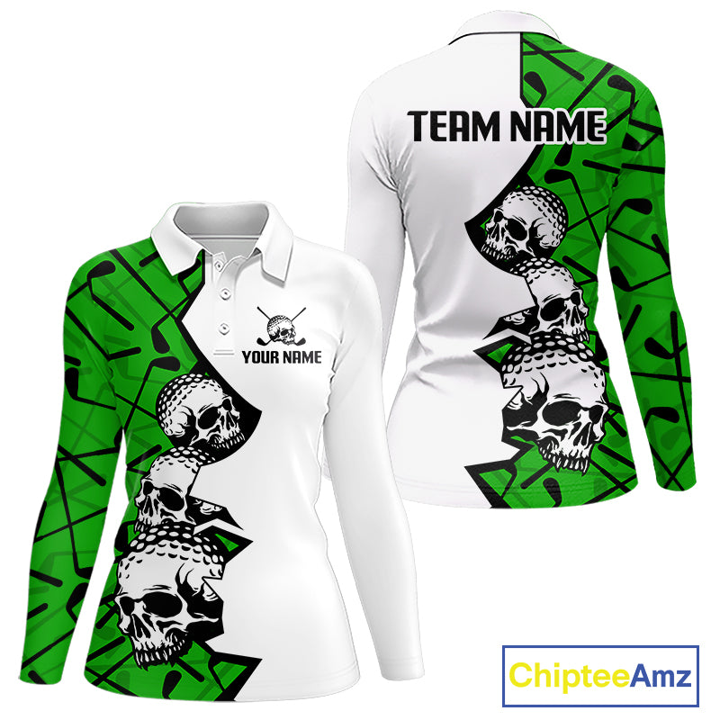 Custom Skull Womens Golf Polo Shirt Personalized Name, Golf Team Polo Jersey| Green 