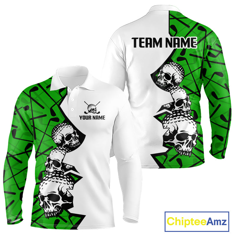 Custom Skull Mens Golf Polo Shirt Personalized Name, Golf Team Polo Jersey| Green 