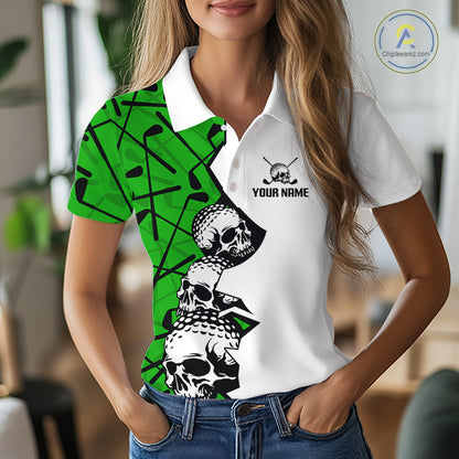 Custom Skull Womens Golf Polo Shirt Personalized Name, Golf Team Polo Jersey| Green 
