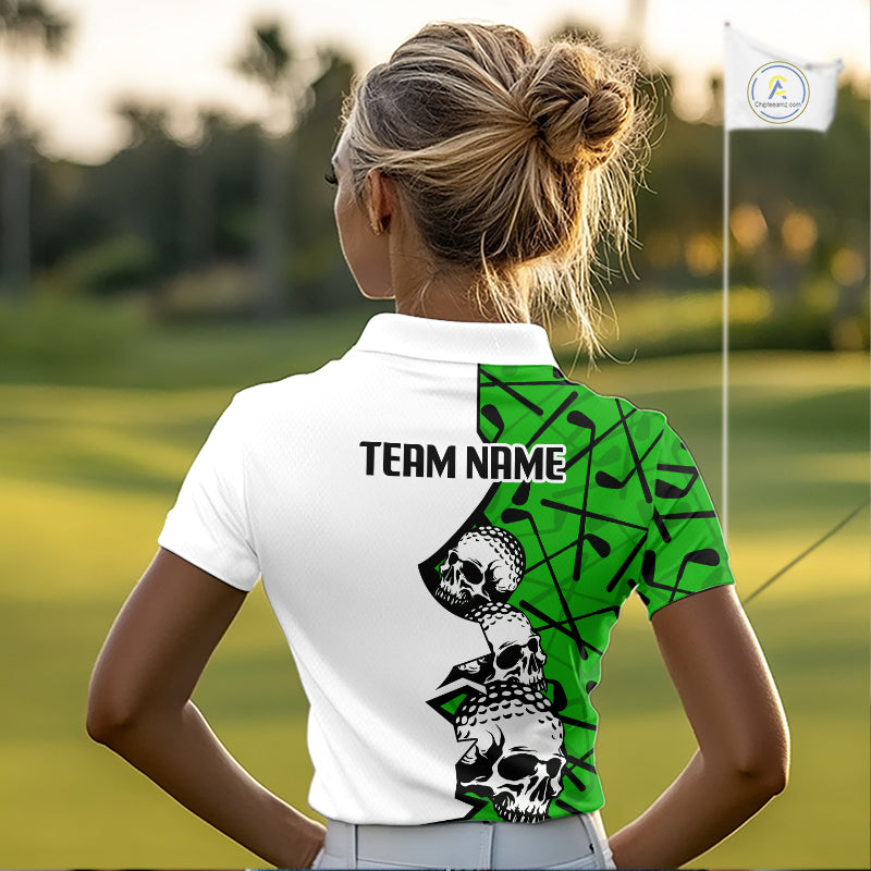 Custom Skull Womens Golf Polo Shirt Personalized Name, Golf Team Polo Jersey| Green 
