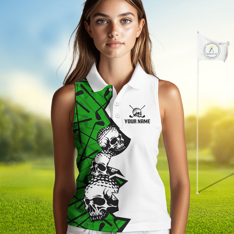 Custom Skull Womens Sleeveless Golf Polo Shirt Personalized Name, Golf Team Polo Jersey| Green 
