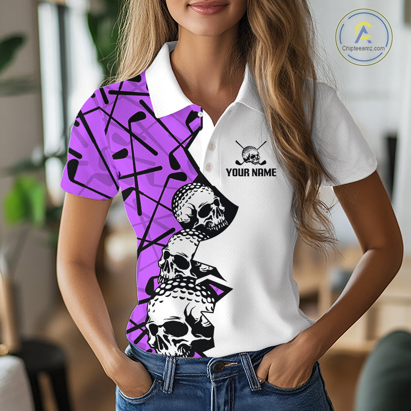 Custom Skull Womens Golf Polo Shirt Personalized Name, Golf Team Polo Jersey| Purple 