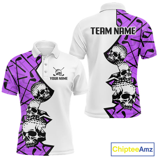 Custom Skull Mens Golf Polo Shirt Personalized Name, Golf Team Polo Jersey| Purple 