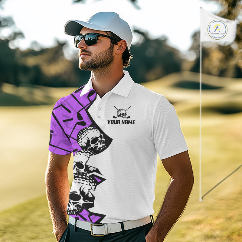 Custom Skull Mens Golf Polo Shirt Personalized Name, Golf Team Polo Jersey| Purple 