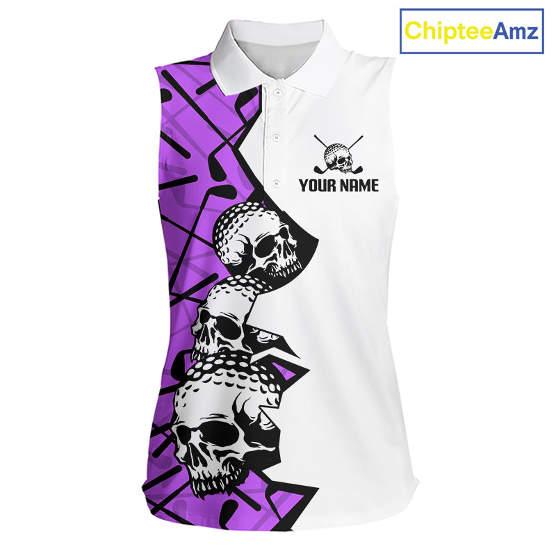 Custom Skull Womens Sleeveless Golf Polo Shirt Personalized Name, Golf Team Polo Jersey| Purple 