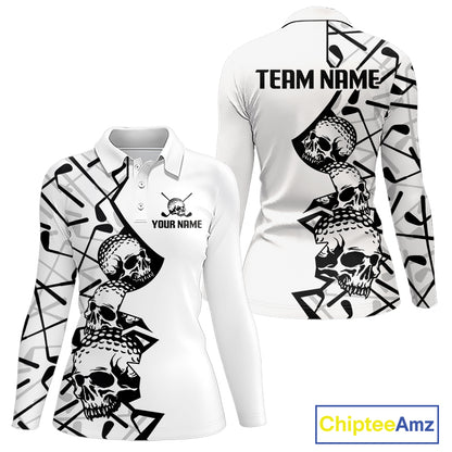 Custom Skull Womens Golf Polo Shirt Personalized Name, Golf Team Polo Jersey| White 