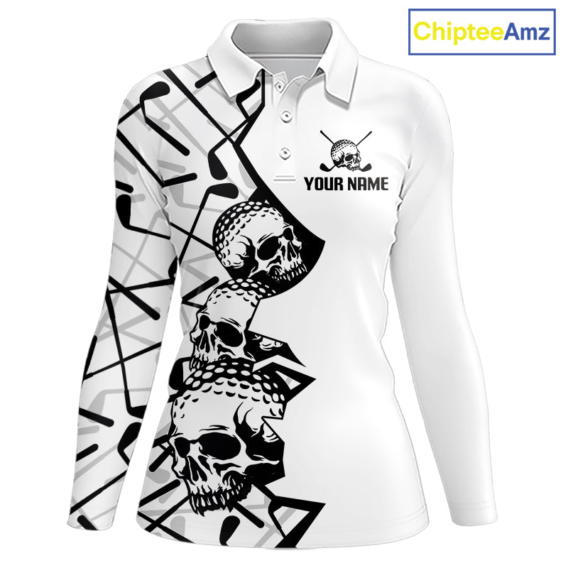 Custom Skull Womens Golf Polo Shirt Personalized Name, Golf Team Polo Jersey| White 