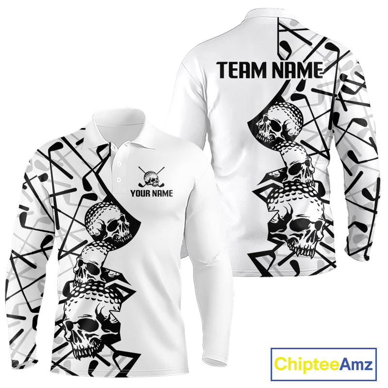 Custom Skull Mens Golf Polo Shirt Personalized Name, Golf Team Polo Jersey| White 