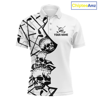 Custom Skull Mens Golf Polo Shirt Personalized Name, Golf Team Polo Jersey| White 