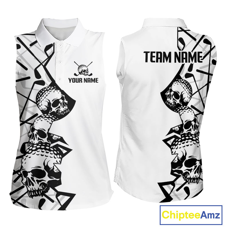 Custom Skull Womens Sleeveless Golf Polo Shirt Personalized Name, Golf Team Polo Jersey| White 