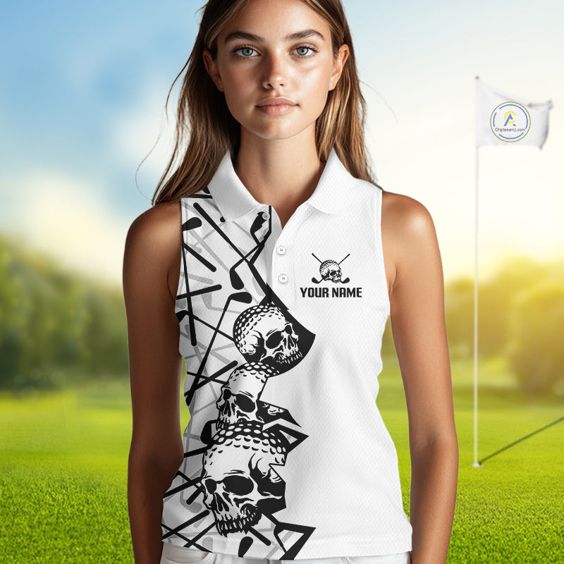 Custom Skull Womens Sleeveless Golf Polo Shirt Personalized Name, Golf Team Polo Jersey| White 