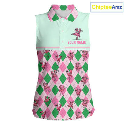 A sleeveless collared top with a pastel mint green upper section and a pink and green argyle patterned lower section, featuring cartoon dancing flamingos and the text 'YOUR NAME' on the chest. A 'ChipteeAmz' logo is visible in the top right corner.
