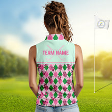 Load image into Gallery viewer, Personalized Pink Argyle Womens Sleeveless Golf Polo Custom Name Flamingo Mint Green Preppy Team Outfits NHT1227