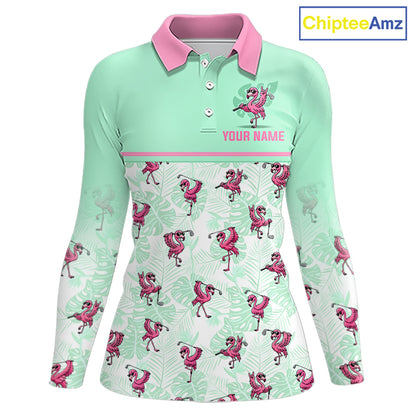 Custom Flamingo Womens Golf Polo Shirt Personalized Name & Team Outfits Mint Green Pink Preppy Golf Shirt NHT1228